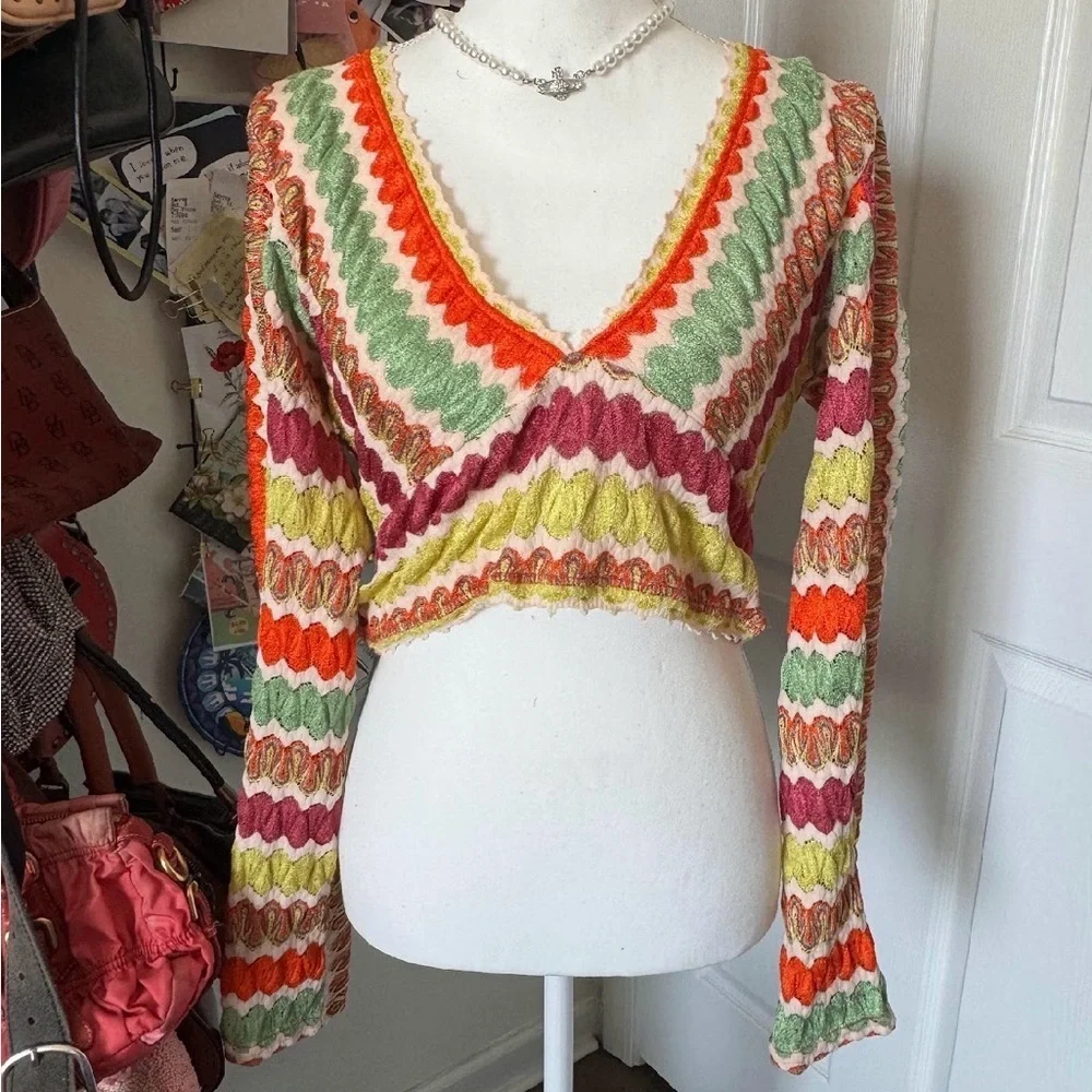 Free People Colorful Crochet V-Neck Long Sleeve Large